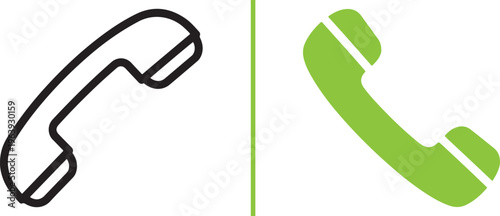 Vintage telephone handset vector illustrations in black outline and solid lime green. Retro landline phone receiver icons for contact, support, and communication design projects.