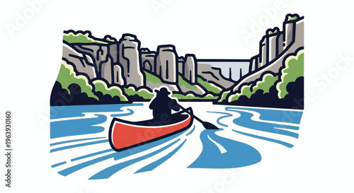 A silhouette paddles a red canoe down a blue river between steep, rocky cliffs