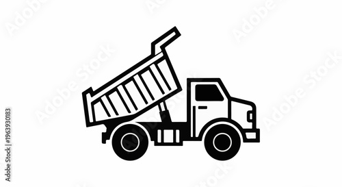 A simple black and white graphic of a dump truck with its bed raised