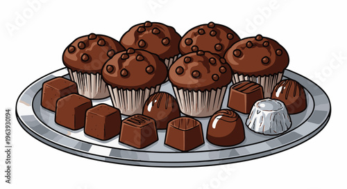 A silver platter displays assorted chocolate desserts and muffins
