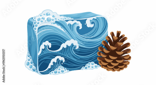 A stylized ice block with crashing waves and foam next to a pine cone