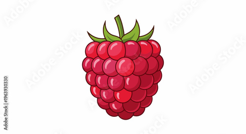 A single, bright red raspberry with green leaves at the top