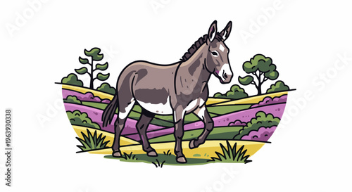 A whimsical donkey walks through a colorful, stylized landscape