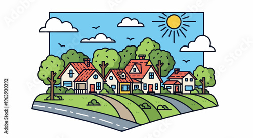 A stylized cartoon of a sunny rural village scene with houses