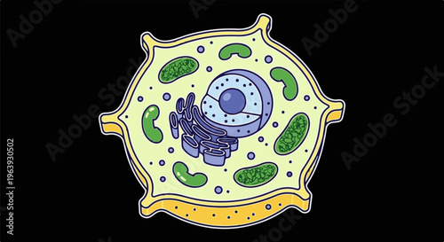 A stylized illustration of a biological cell with nucleus, mitochondria, and endoplasmic reticulum