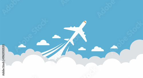 A white airplane soars through a blue sky, leaving a trail