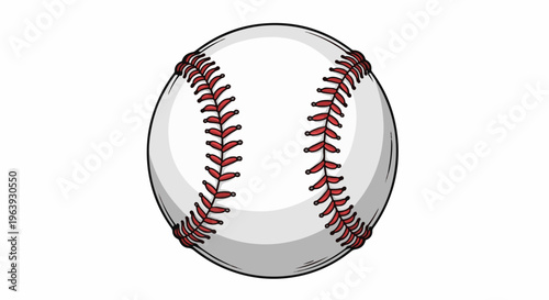A white baseball with red stitching and a black outline on a white background