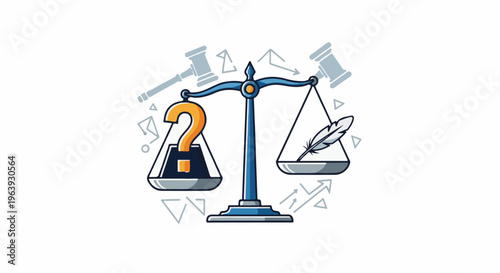 A symbolic scale balances a question mark against a quill, representing the weighing of inquiry vs. knowledge