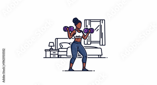 A woman in activewear exercises with dumbbells inside a bedroom setting