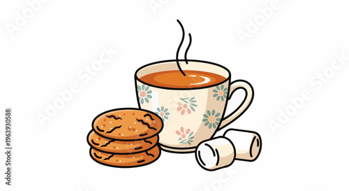 A steaming cup of floral tea with cookies and marshmallows