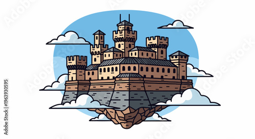 A stylized castle floats serenely amidst clouds in a bright blue sky