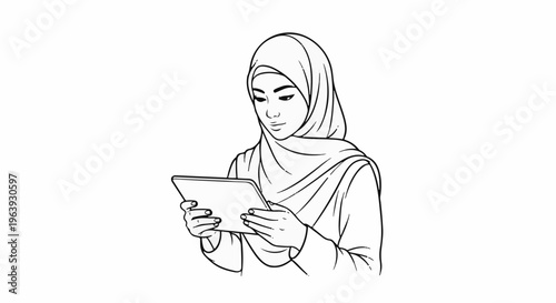 A woman in a hijab looking at a tablet computer with a focused expression