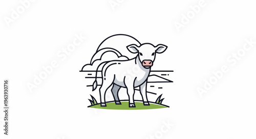 A white calf stands in a field with a stylized sun and clouds behind it