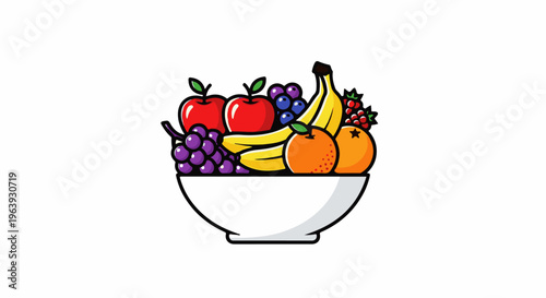 A white bowl overflows with a vibrant assortment of fresh, ripe fruits