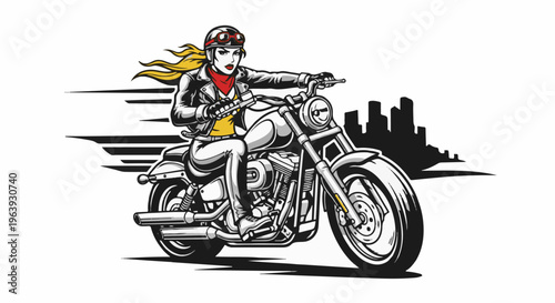 A woman with blonde hair rides a motorcycle with a city skyline silhouette