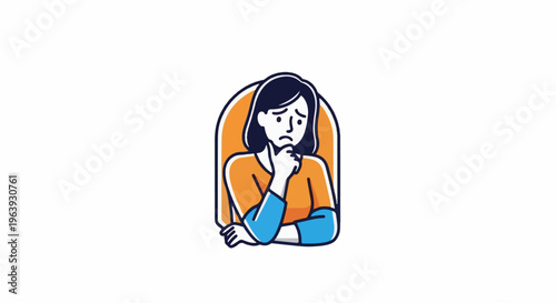 A woman with dark hair and blue eyes, deep in thought