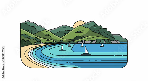 A stylized illustration of a coastal landscape with sailboats on the water