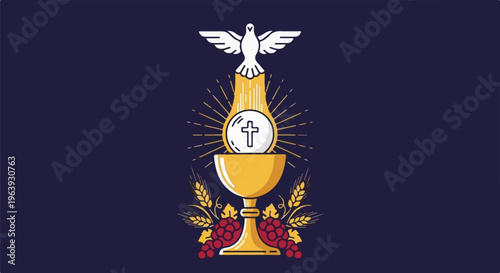 A white dove descends on a golden chalice with a communion wafer