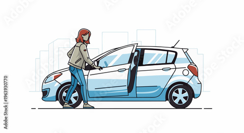 A woman with red hair gets into a white car with the doors open