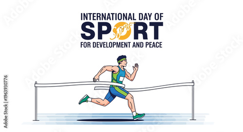 Illustration of a male athlete jumping over a hurdle on International Day of Sport for Development and Peace with colorful design elements.