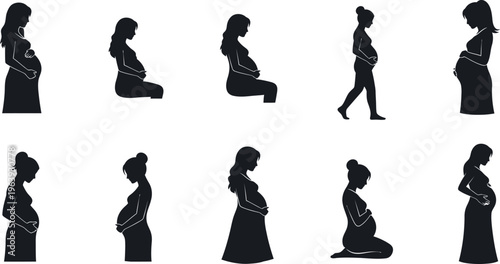 Pregnant Woman Silhouette Collection Showing Different Poses vector illustration