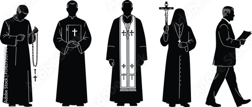 Black silhouettes of Catholic priests and monks holding Bible, rosary, and crucifix, collection of religious clergy and church ministers isolated on white background. (24 words)