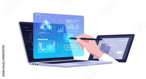 A hand holding a stylus interacts with a laptop screen displaying graphs and charts.
