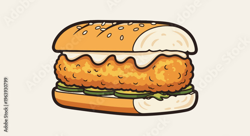 A stylized illustration of a deep-fried chicken sandwich with pickles and sauce