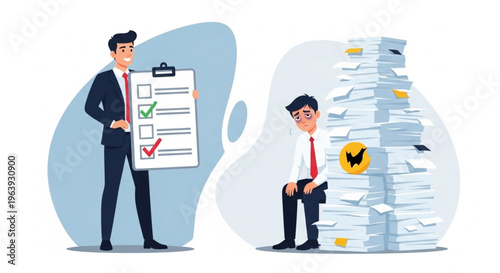 A happy manager holding a checklist next to an exhausted employee sitting by a massive stack of paperwork, symbolizing work pressure and burnout.