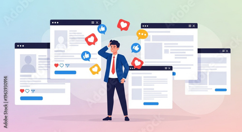A confused businessman standing amidst floating social media windows and "like" notifications, representing digital addiction or social pressure.