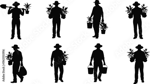 Black silhouettes of professional male gardeners and farmers carrying potted plants, buckets, and shovels, collection of nursery workers isolated on white background for landscaping. (25 words)