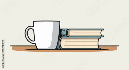 A white mug rests on a table beside a stack of two books