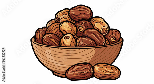 A wooden bowl overflowing with ripe, brown dates, with two extra dates outside
