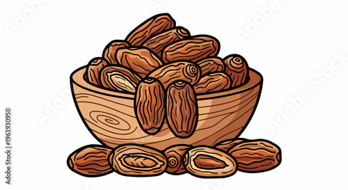 A wooden bowl overflowing with ripe, brown dates, some scattered below