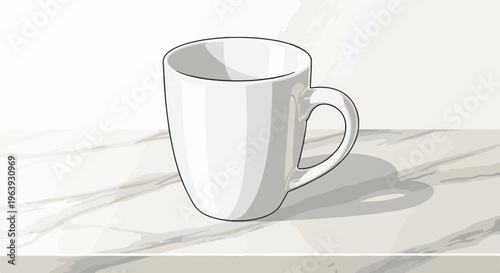 A white mug sits on a marbled surface with a shadow