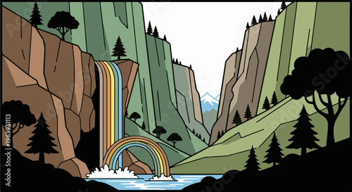 A vibrant rainbow arches over a waterfall cascading into a serene river