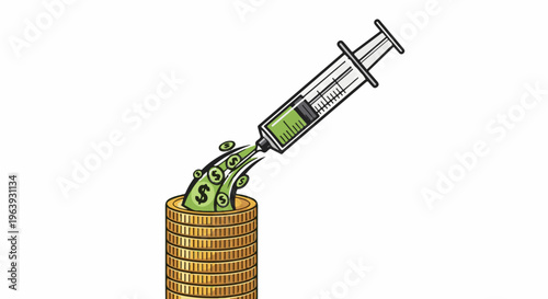 A syringe injects green liquid into a stack of gold coins with dollar signs