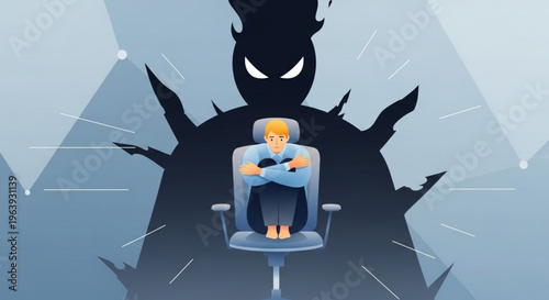 A man sitting in an office chair looking small and afraid while a large, dark monster-like shadow looms behind him, representing inner fears or depression.
