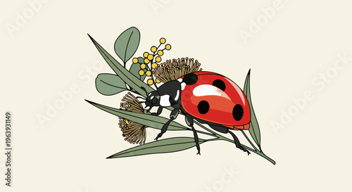 A vibrant red ladybug perches on a delicate flowering branch with yellow blooms