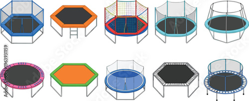 Set of various colorful trampolines with safety nets and ladders for backyard fun, collection of outdoor jumping equipment for kids and fitness isolated on white. (25 words)