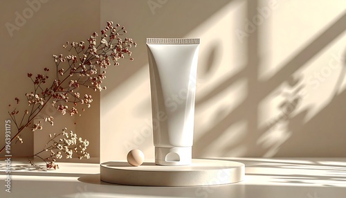A skincare tube product is staged on a beige podium, accompanied by a small sphere and dried floral branches. Soft light and shadows