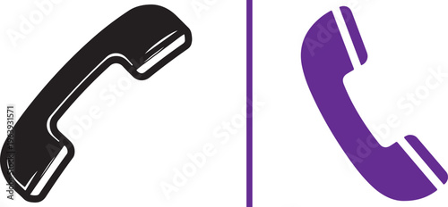 Vintage telephone handset vector illustrations in black and purple. Retro landline phone receiver icons, perfect for contact, customer support, and classic communication design projects.