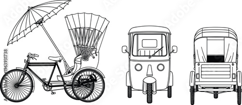 Detailed rickshaw and auto rickshaw illustration set, side front rear views, traditional and modern transport vehicles vector design