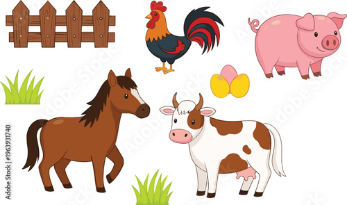 Farm animals cartoon vector set with horse cow pig rooster eggs fence grass agriculture illustration for kids educational design