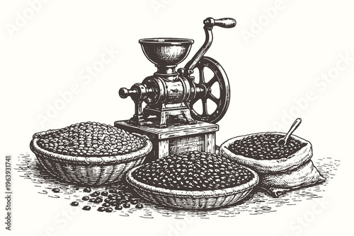 Professional vintage engraving vector illustration of a traditional manual coffee grinder mill with roasted beans in woven baskets and burlap sacks.