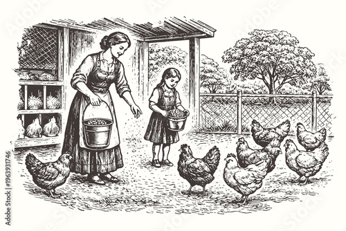 Charming vintage engraving vector illustration of a woman and child feeding chickens and roosters in a traditional wooden chicken coop or farmyard.