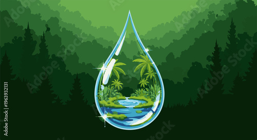 A teardrop holds a miniature tropical ecosystem within a dark forest