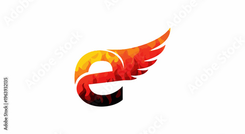 A stylized letter "e" with a wing, filled with fiery colors