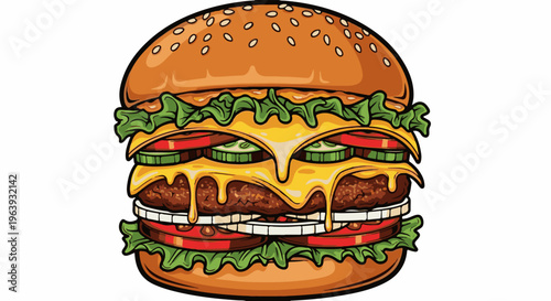 A tall, stylized burger with two beef patties, cheese, lettuce, tomato, and onions