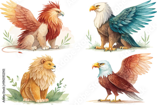 set of Watercolor Griffin Illustration, Fantasy Creature Art, isolated on white background